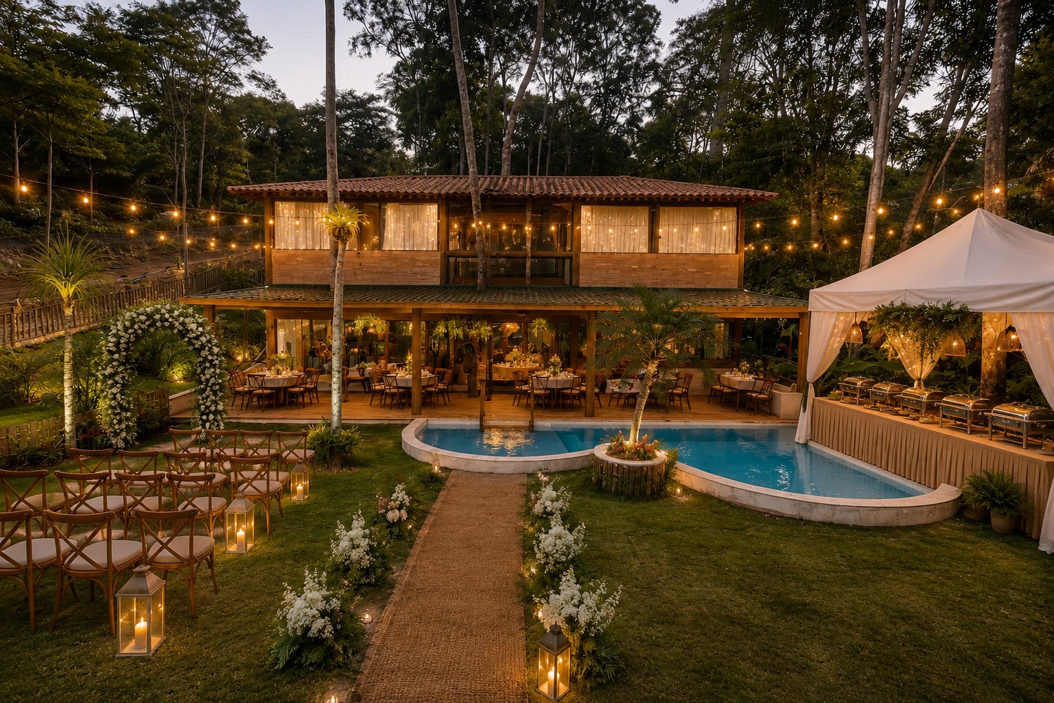 Referência de recepção de casamento integrada à varanda e ao jardim da Casa Bem Bahia