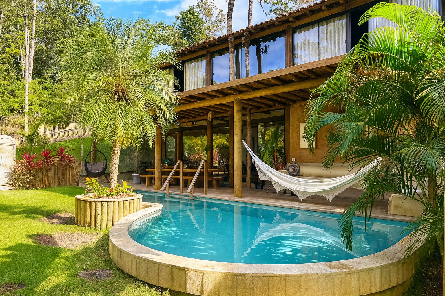 Piscina, jardim e fachada da Casa Bem Bahia