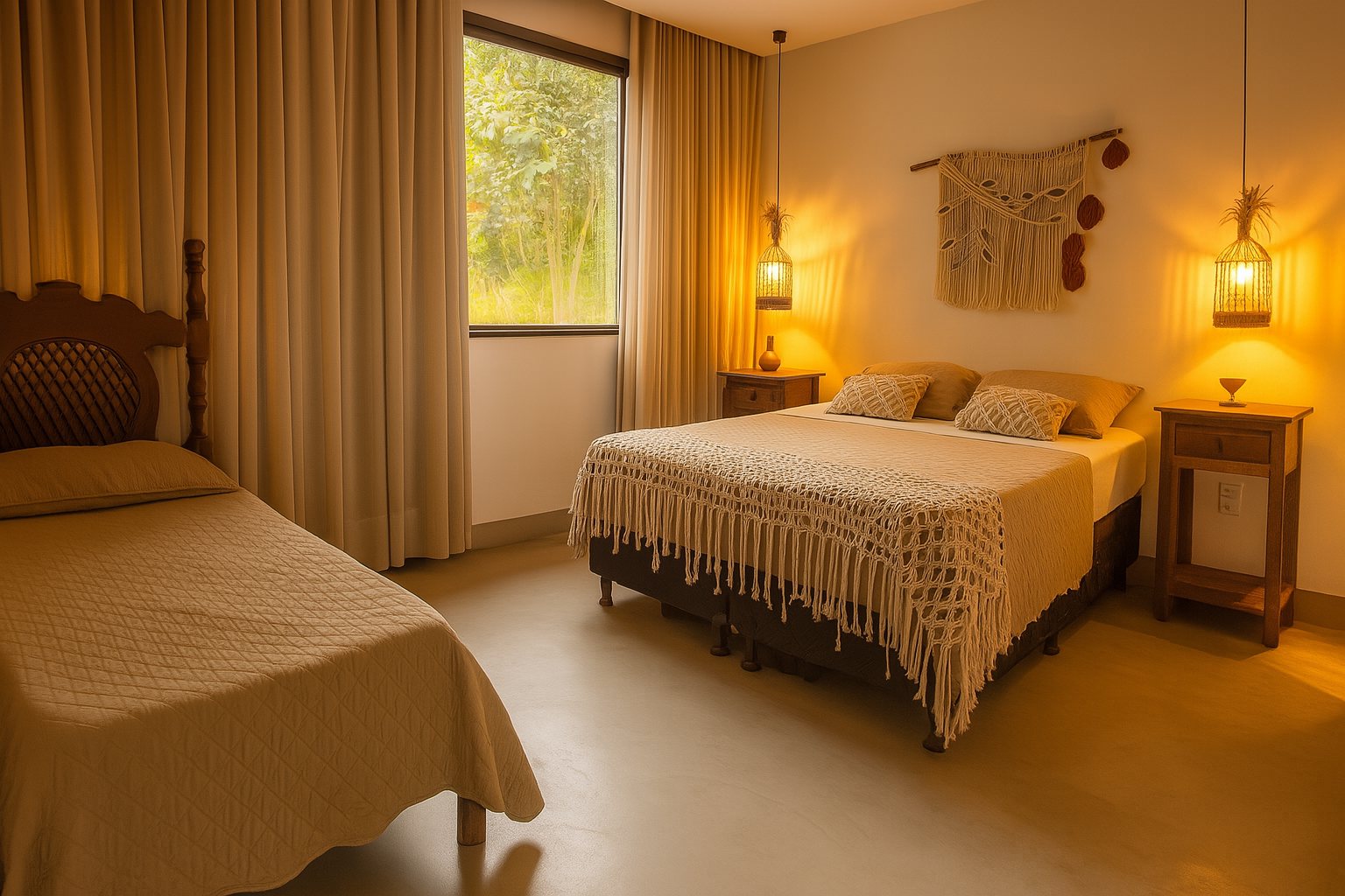 Quarto da Casa Bem Bahia com cama de casal e cama individual
