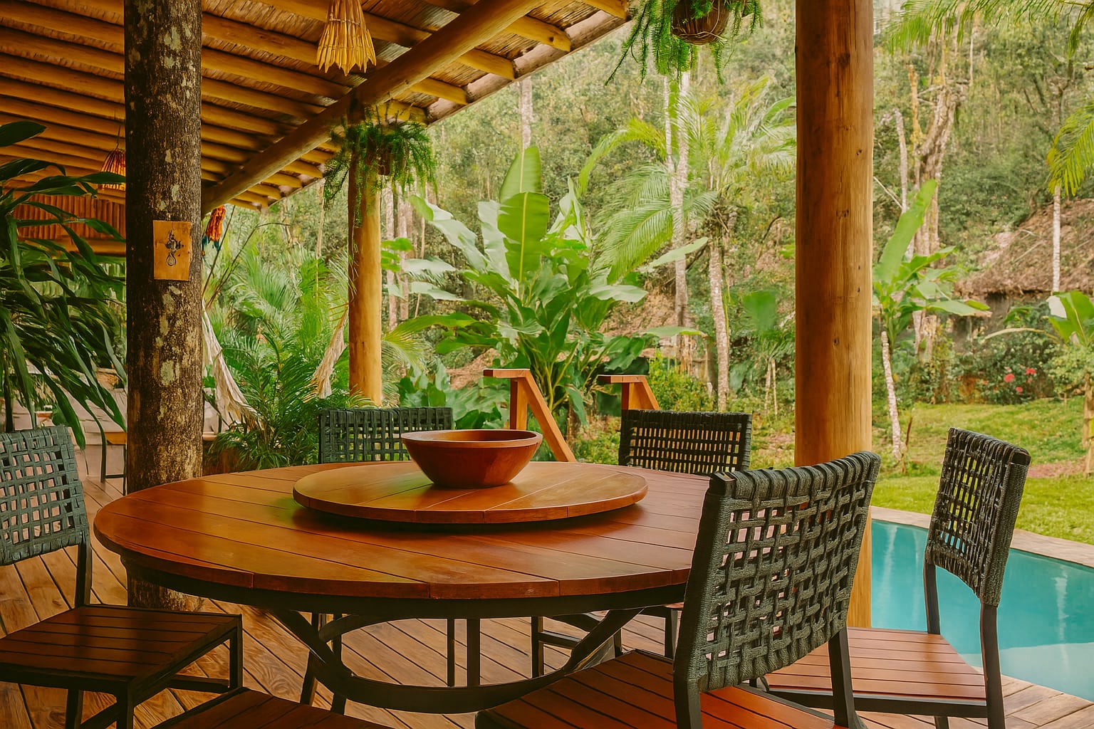Mesa de refeições na varanda da Casa Bem Bahia junto à piscina e à natureza