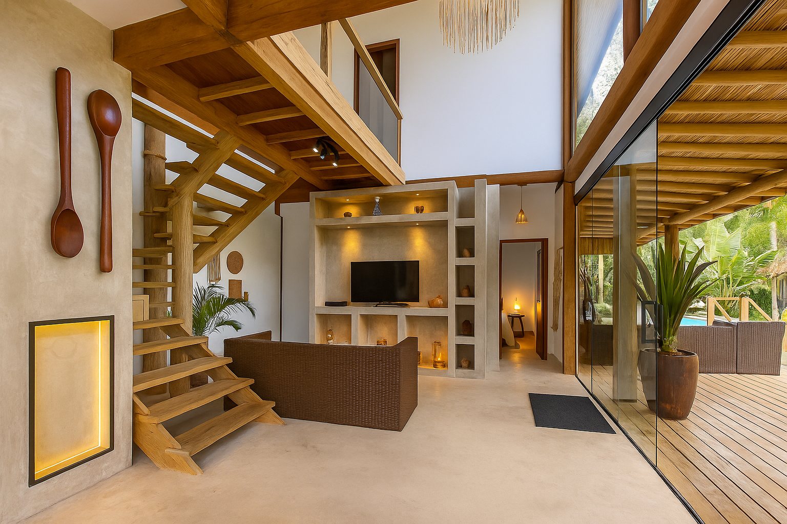 Sala de estar da Casa Bem Bahia com escada de madeira e vista para a varanda
