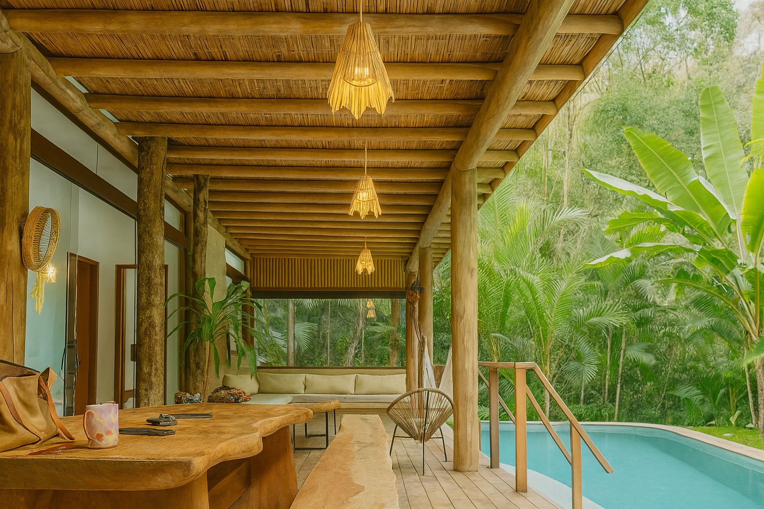 Varanda da Casa Bem Bahia integrada à piscina e à natureza